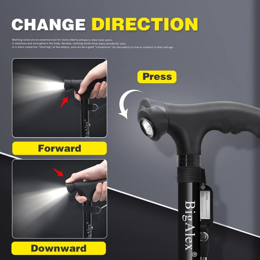 Folding Walking Cane with LED Light & Pivoting Quad Base - Adjustable & Portable