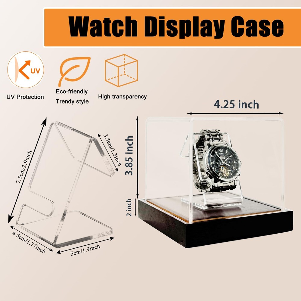 Single Watch Display Case, 3mm Clear Acrylic Watch Box with Solid Wood Base, ...