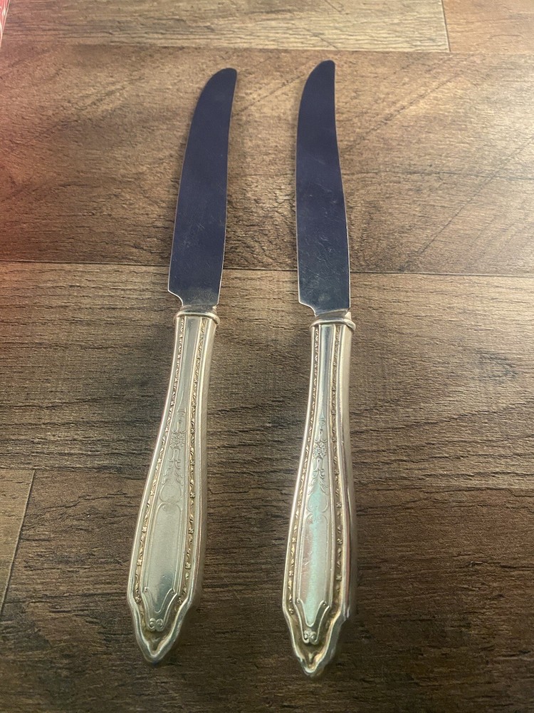 Set of 2 Dinner Knives Silverplated Ornate Unknown Pattern