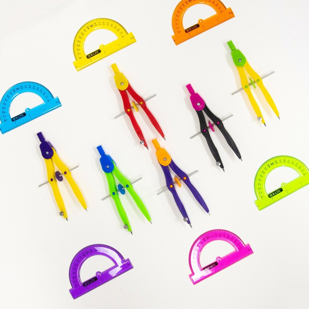 5-Piece Geometry Ruler Straight Triangle Protractor Compass Bazic New