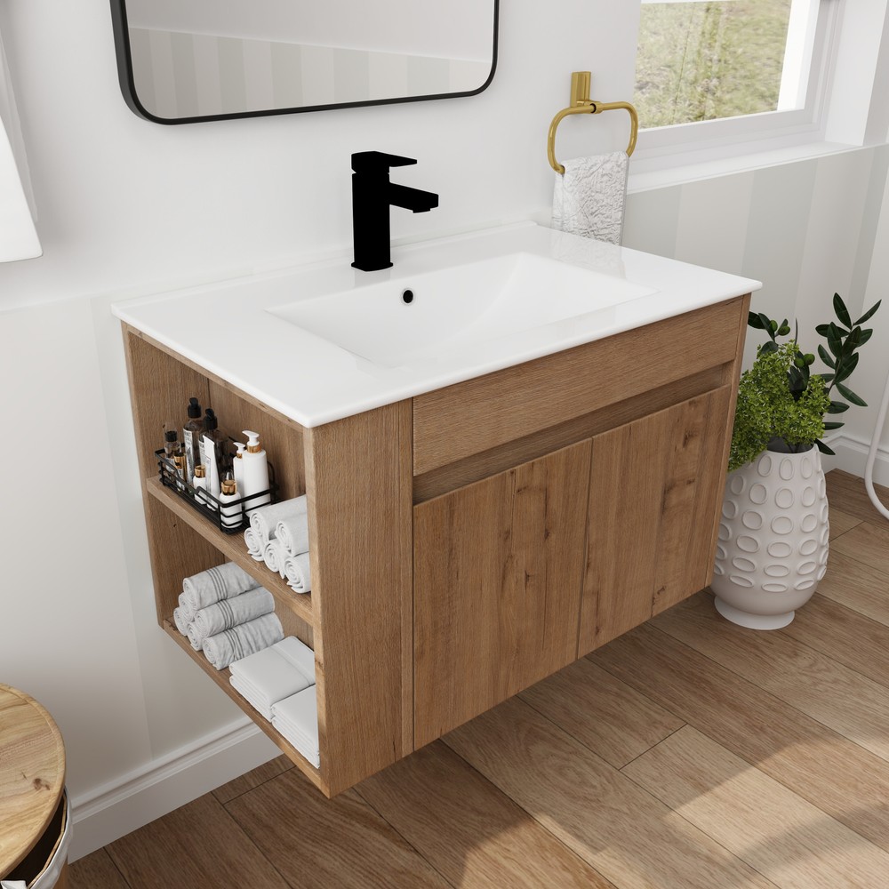 30"Floating Wall Mount Bathroom Vanity Cabinet+Basin Sink +Adjustable Open Shelf
