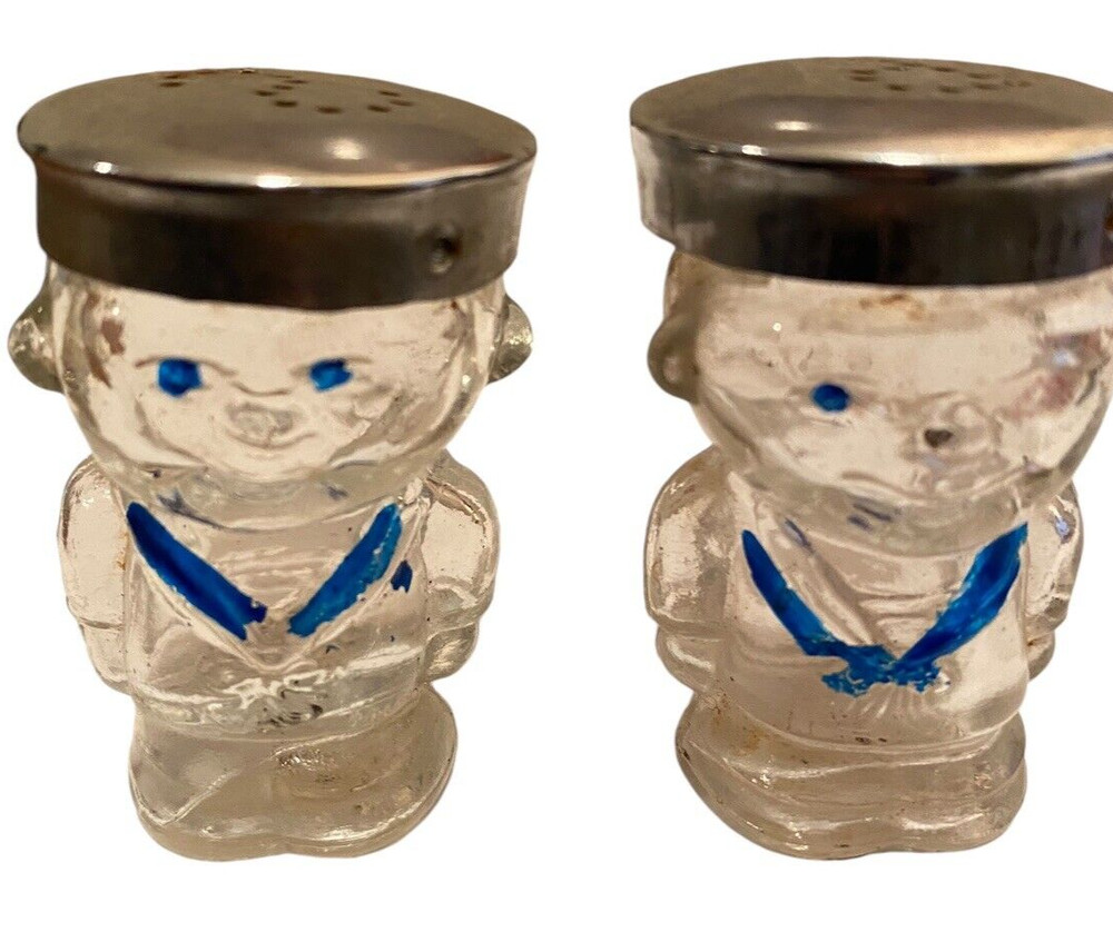 Navy USMC Glass Salt & Pepper Shakers Set Soldiers Vintage Miliary