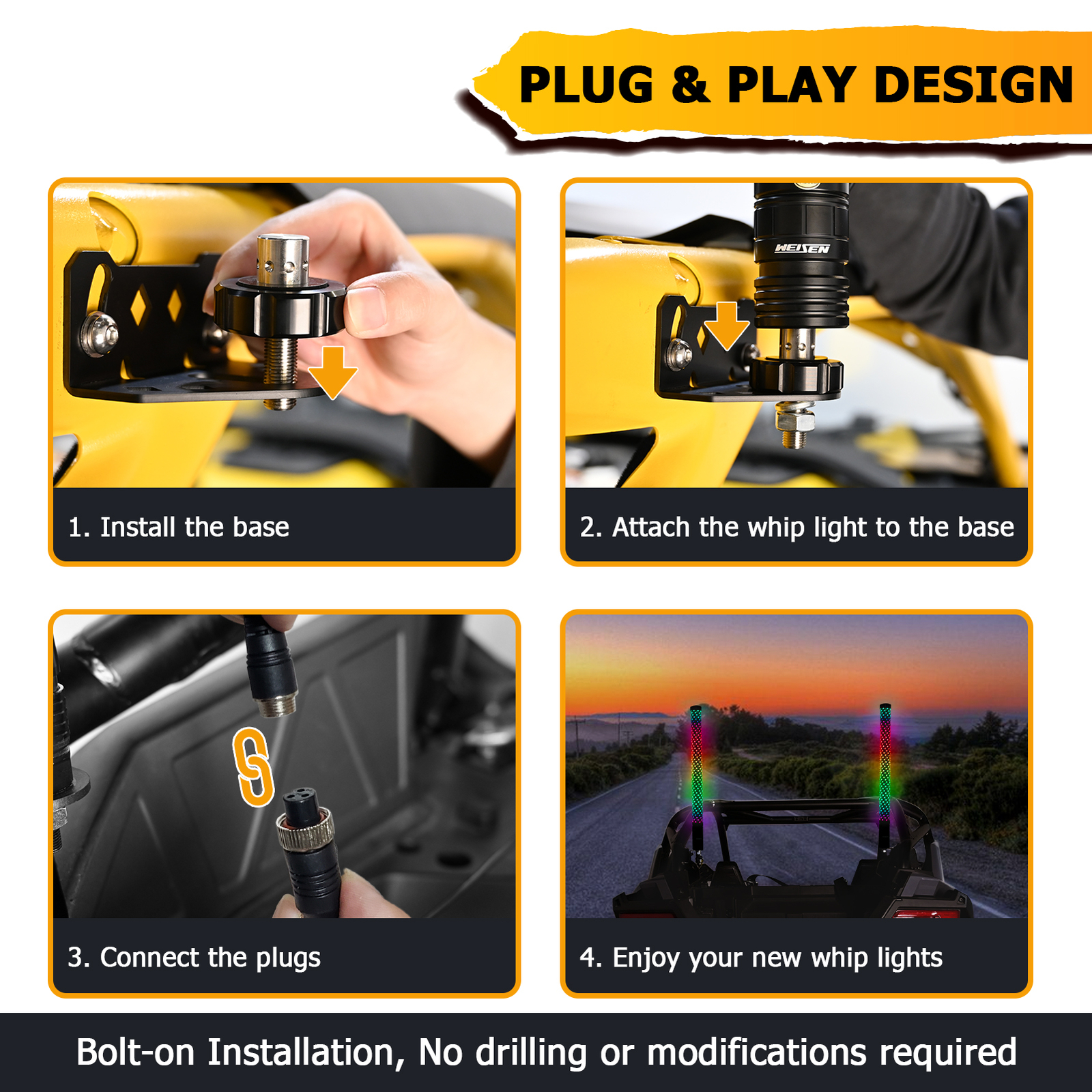 Pair 2FT Spiral LED Fat Whip Light Antenna RGB Chasing For Can-am X3 RZR UTV ATV