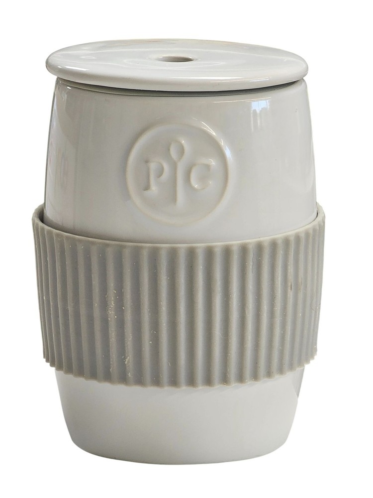 Pampered Chef Ceramic Microwave Egg Cooker White Gray Sleeve