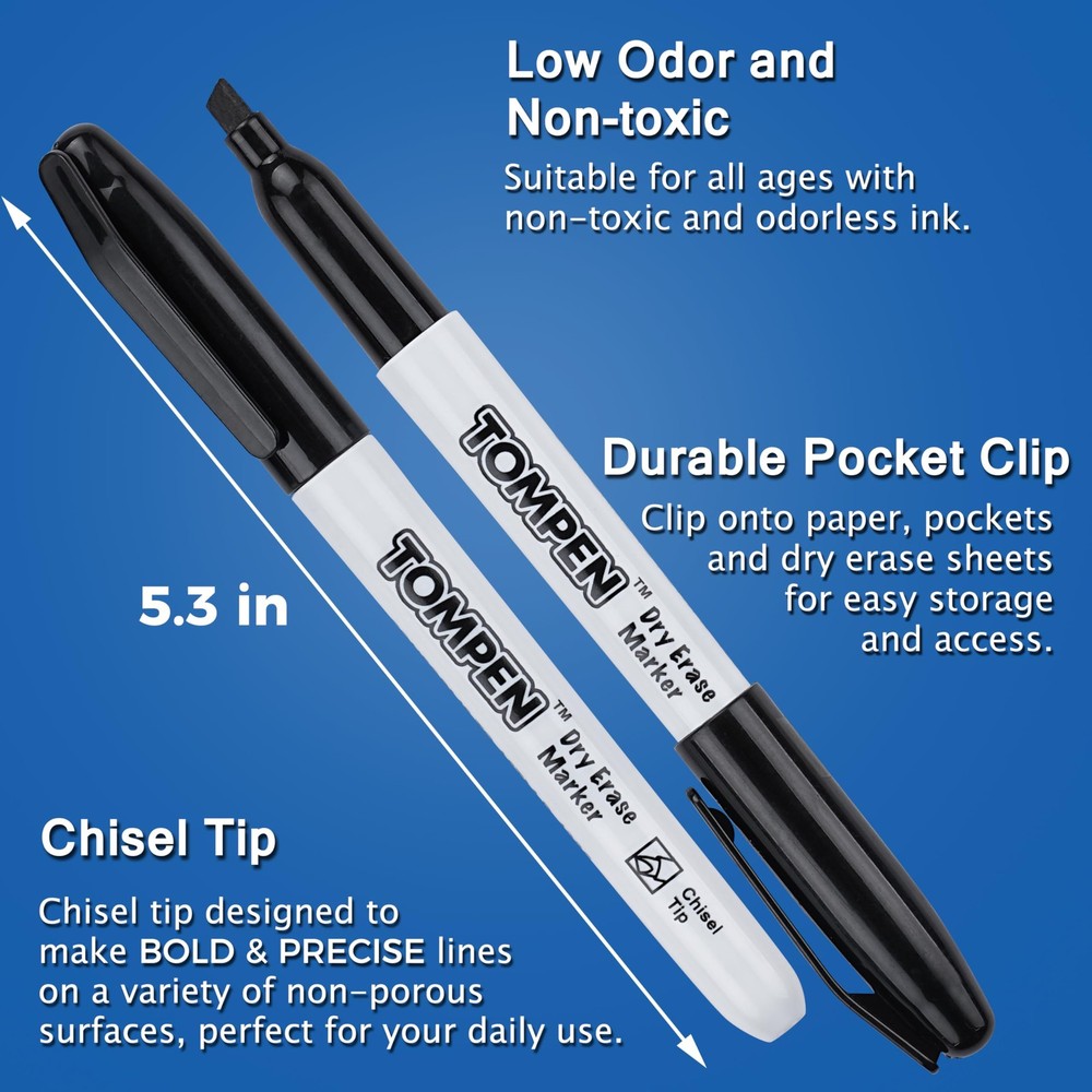TOMPEN Dry Erase Markers Black,160 Bulk Pack Chisel Tip,Low Odor Quick-Drying...
