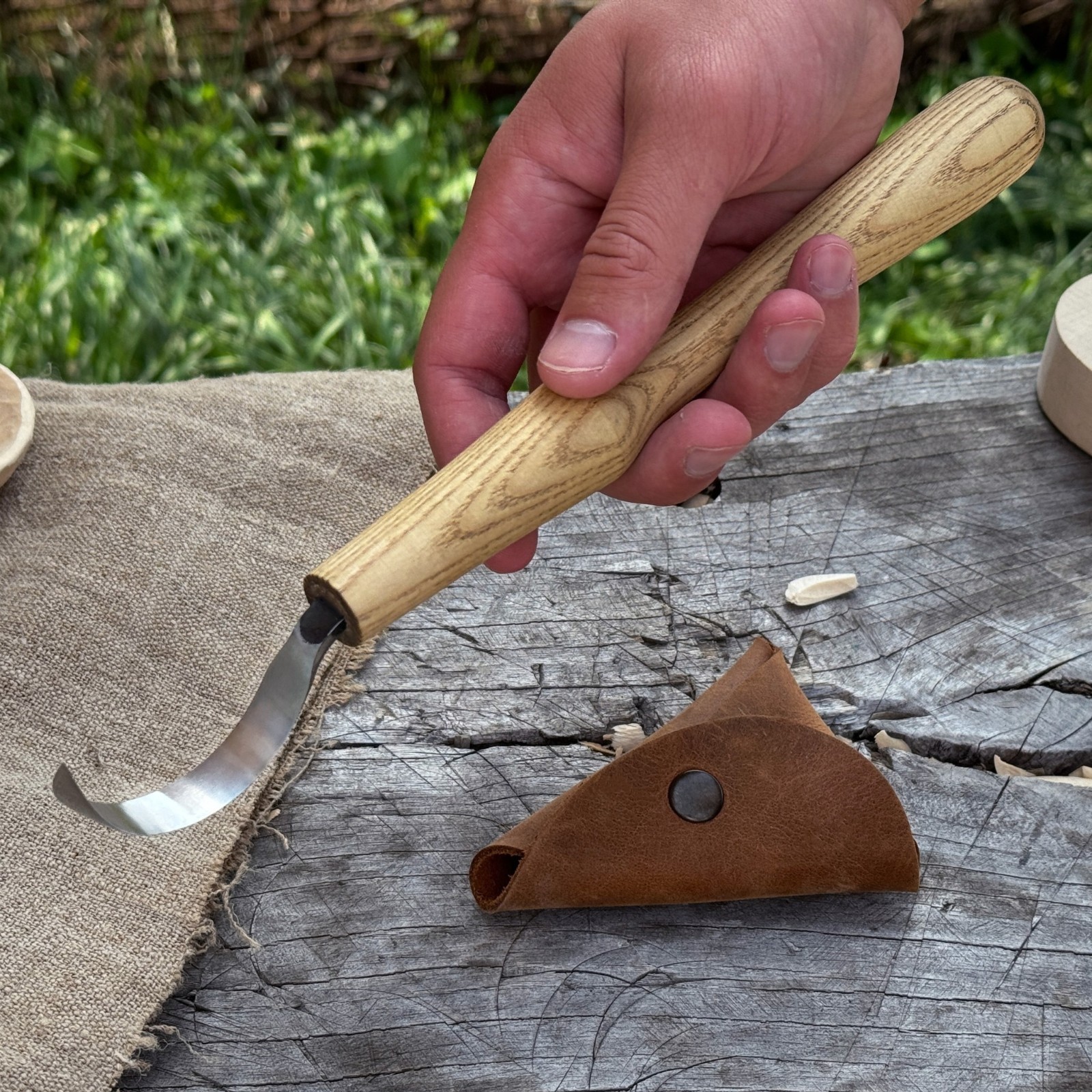 Long Hook Carving Knife 2.36'' Blade For Bowls Spoons Carbon Steel Ash Handle