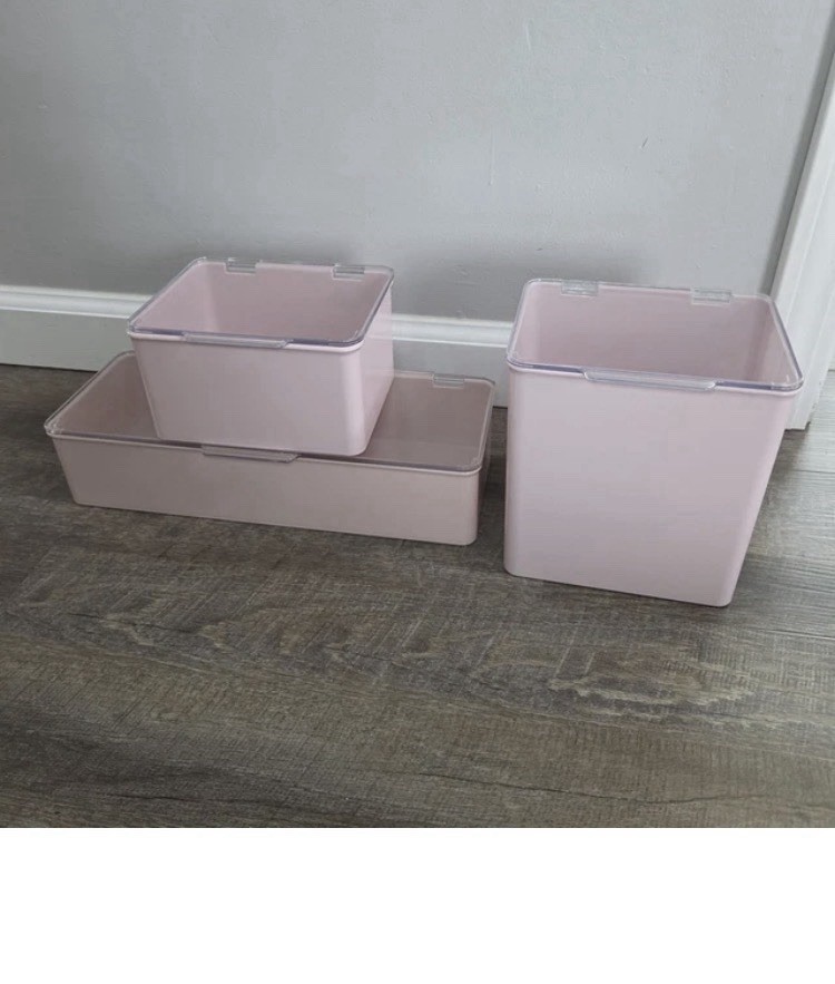 Set of 3 Pink and Clear Plastic Lidded Rectangular Storage Bins Modern Style