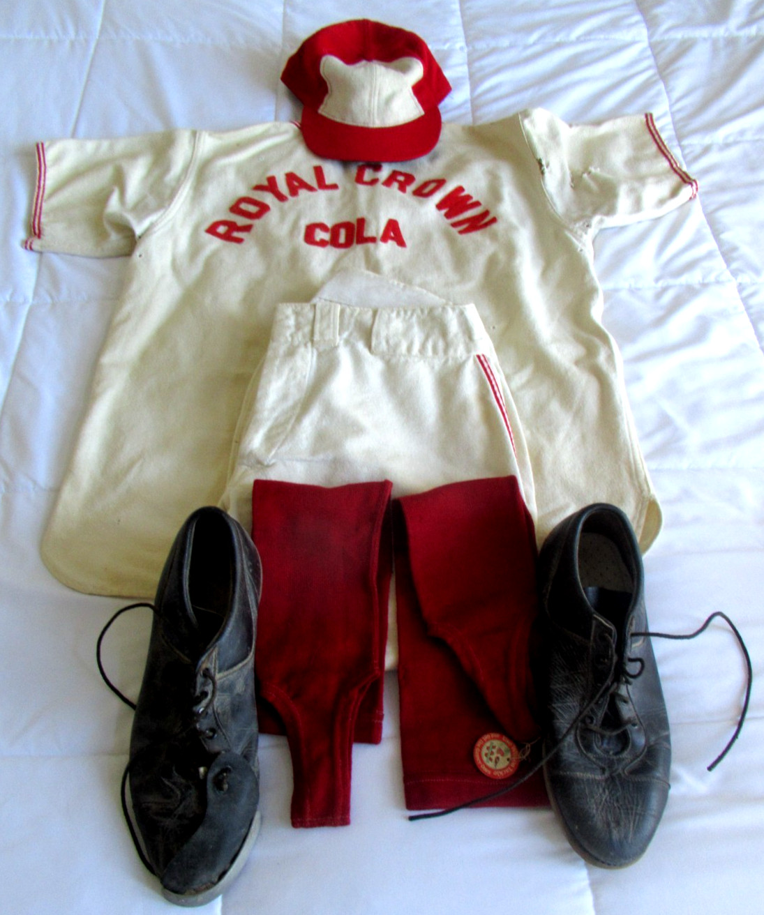 1950's RC ROYAL CROWN COLA Wool Complete Baseball Uniform Spikes, Top, Pants Hat