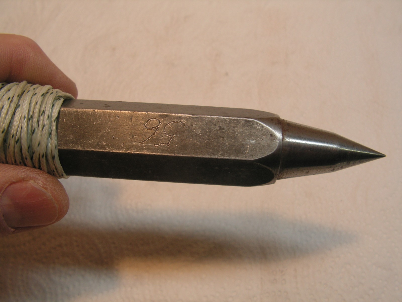 Vintage 12oz Plumb Bob With Nylon Cord 12'+ Hex Body, Nice Sharp Point