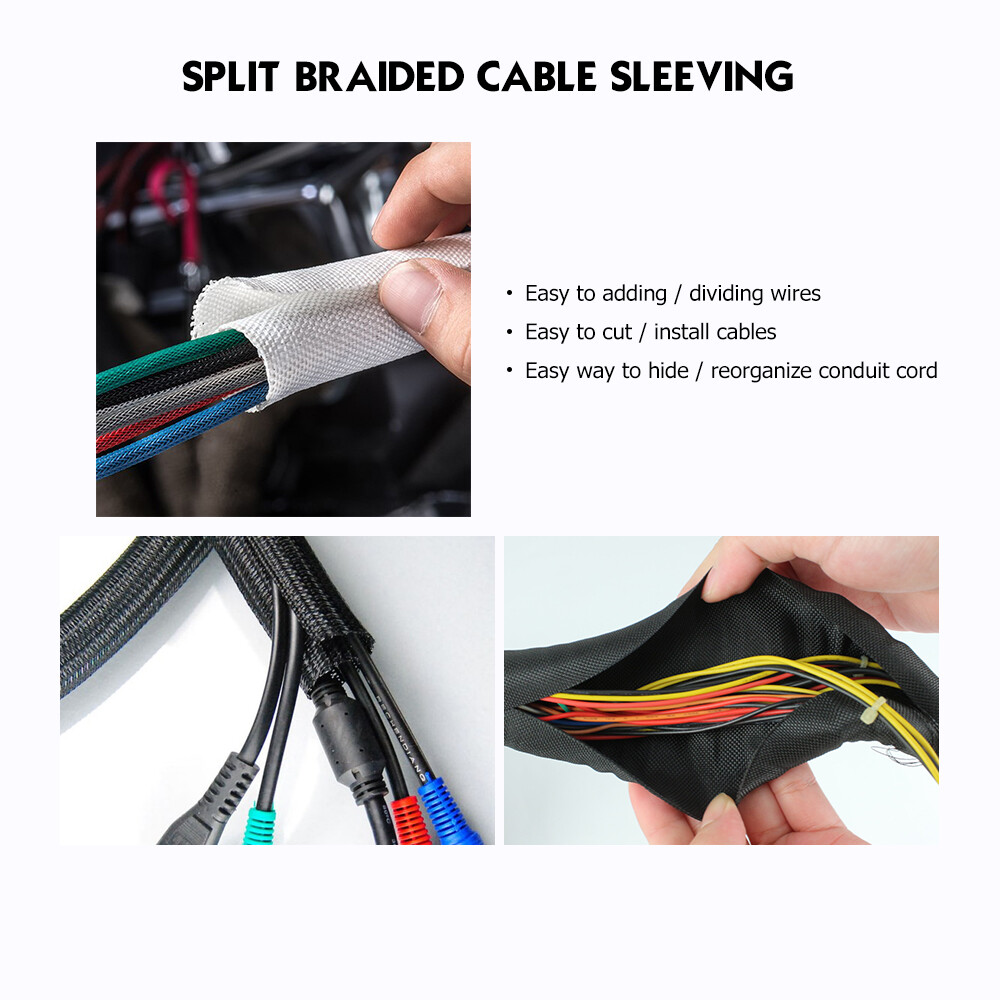 Split Braided Cable Sleeve Self-Wrap Wire Loom for Auto Harness Protection Black