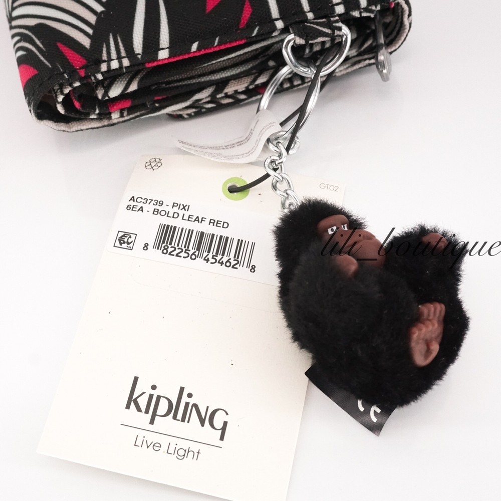 NWT Kipling AC3739 PIXI Snap Medium Trifold Wallet Polyester Bold Leaf Red Multi