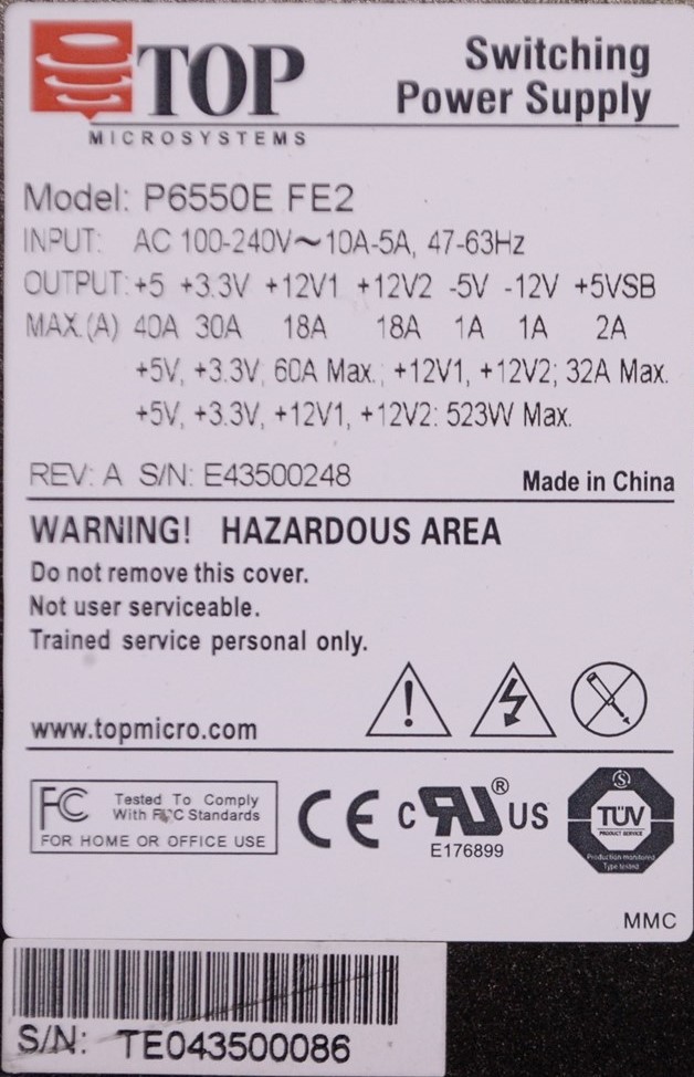 Top Microsystems 550W 7 Output ATX Power Supply P6550E FE2