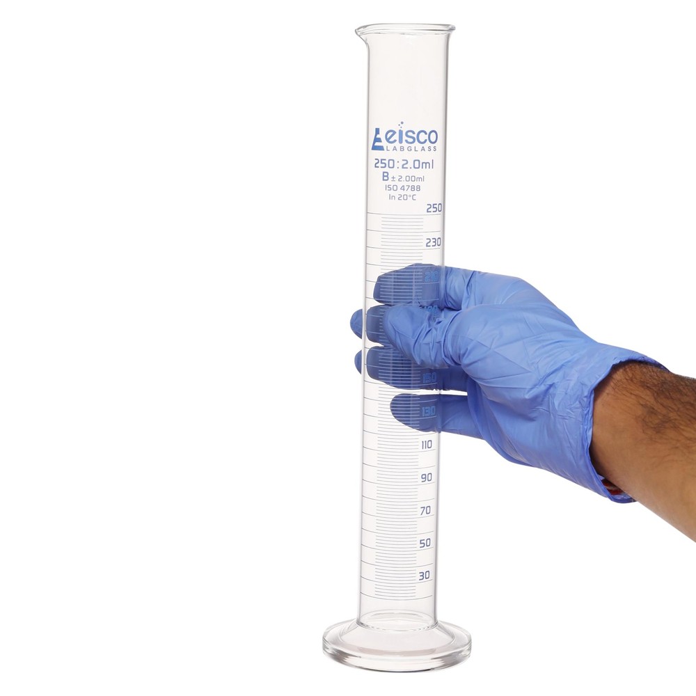 Eisco Labs 250ml Graduated Cylinder Class B Blue Graduations Hexagonal Base