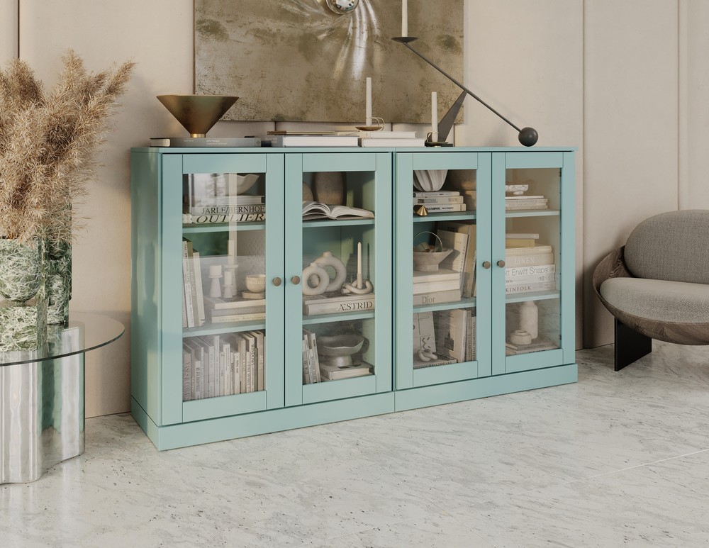 100% Solid Wood 64" Modular Sideboard, 2 Clear Glass Doors