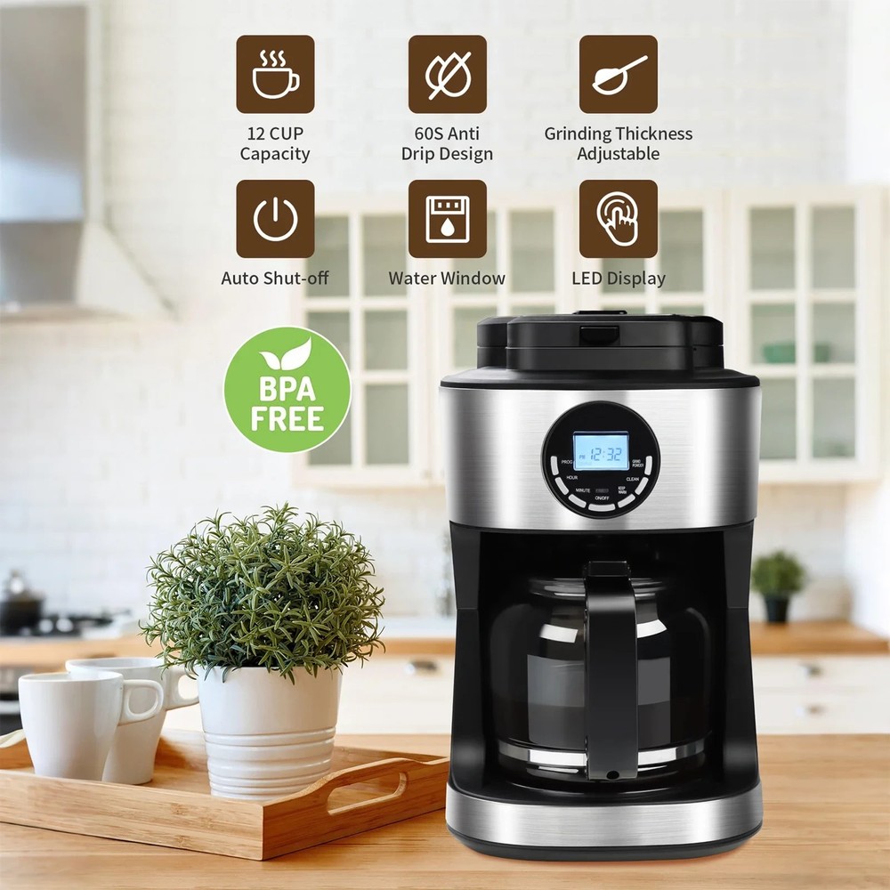 TEGLU Coffee Maker with Grinder 12 Cups,Programmable Grind & Brew Coffee Machine