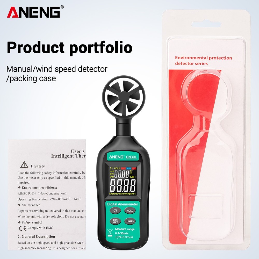 ANENG GN301 Digital Anemometer Wind Speed Meter Temperature LCD Backlight