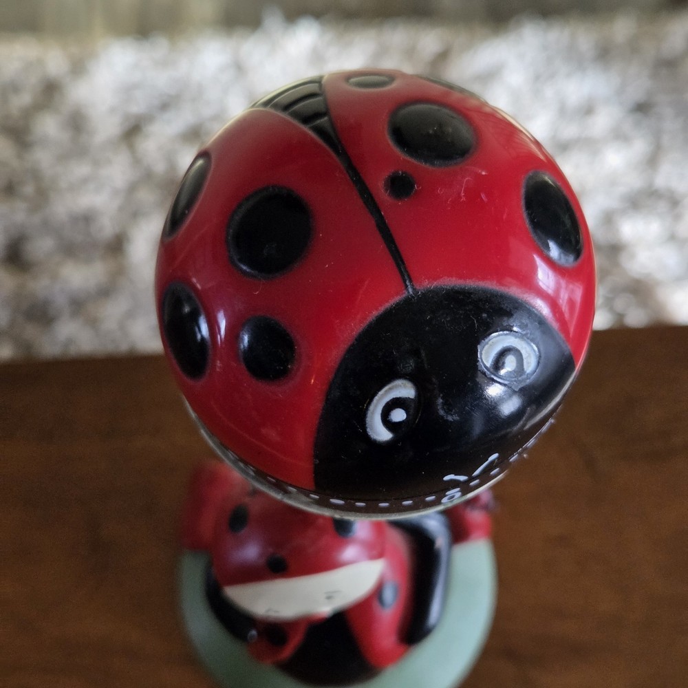 Ladybug Kitchen Timer on Handmade Stand with Anthropomorphic Ladybug Figure 8.5"