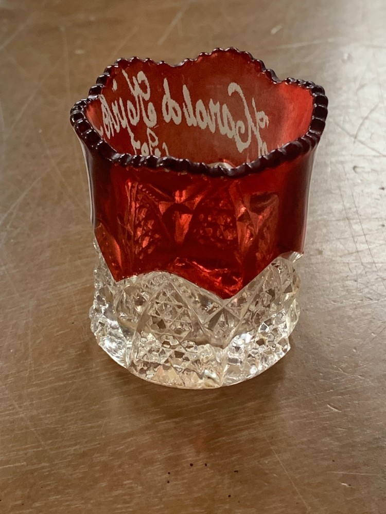1907 EAPG Ruby Flash Glass Toothpick Holder Monogrammed "Harold Hoirk" 2.25"