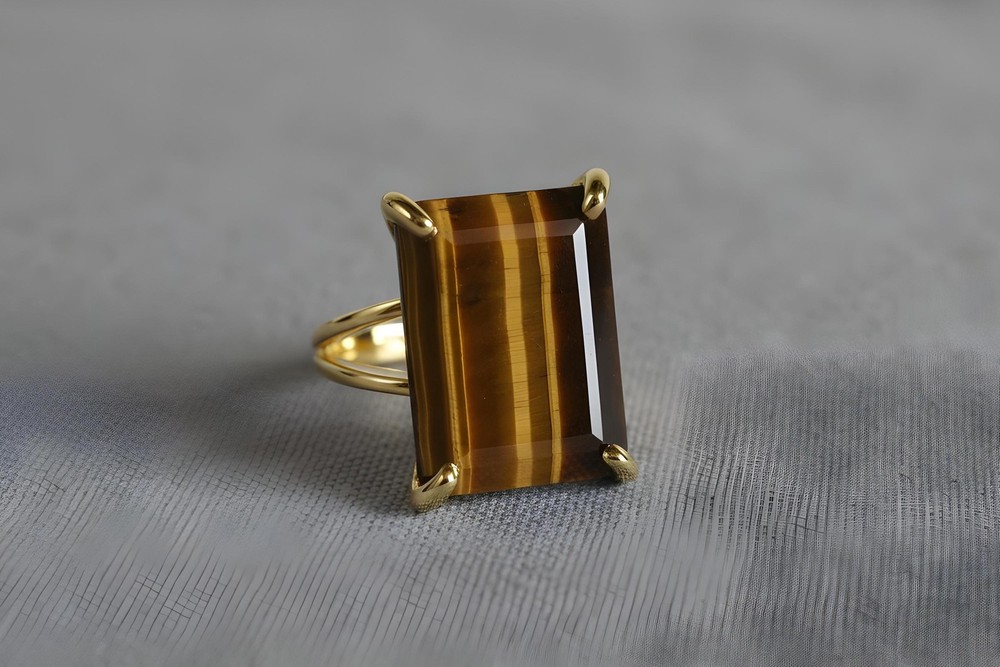 Sterling Silver Tiger Eye Ring Handmade Rectangle Gemstone Lightweight Fit