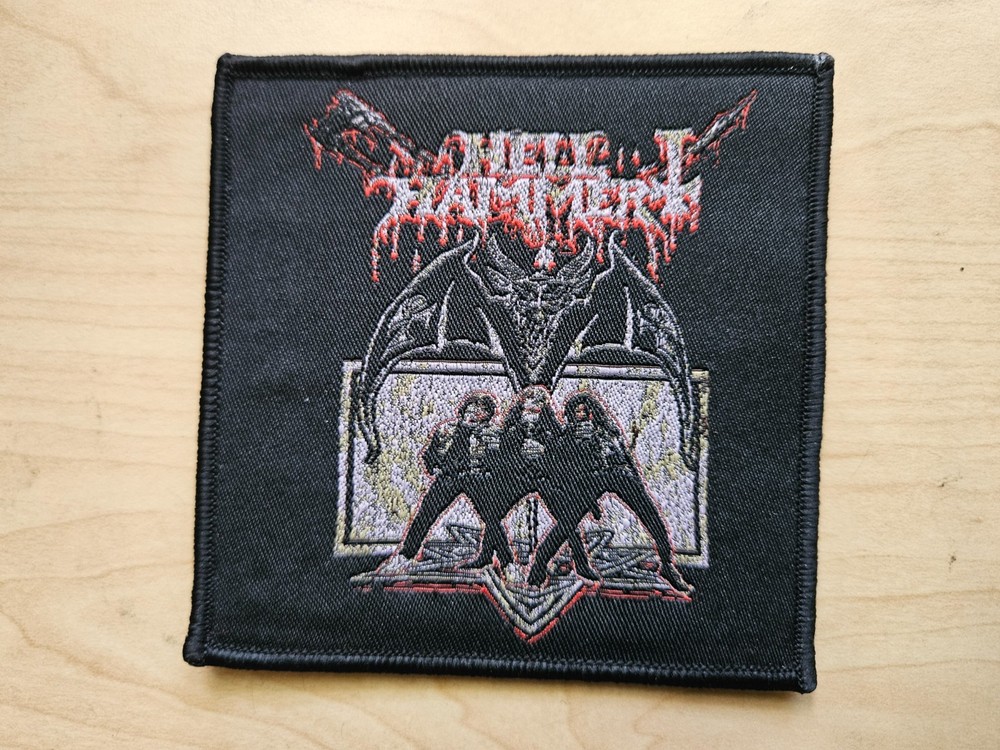 HELL HAMMER, SEW ON BLACK BORDER WOVEN PATCH