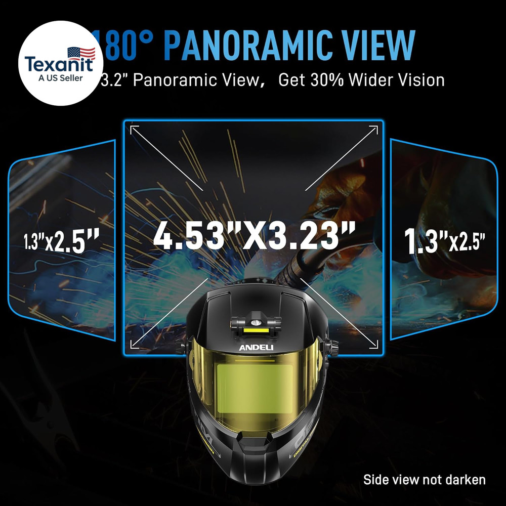 Welding Helmet with Light-Full Digital Filter, 7.2"X3.2" Extra Wide Panoramic Vi