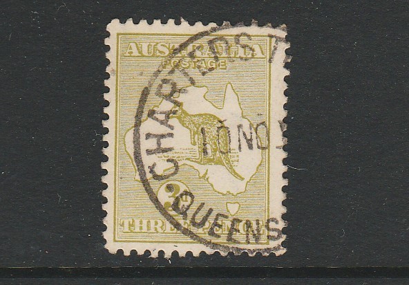 1915 THIRD WATERMARK 3d OLIVE KANGAROO SUPERB "CHARTERS TOWER" CANCEL FINE USED!