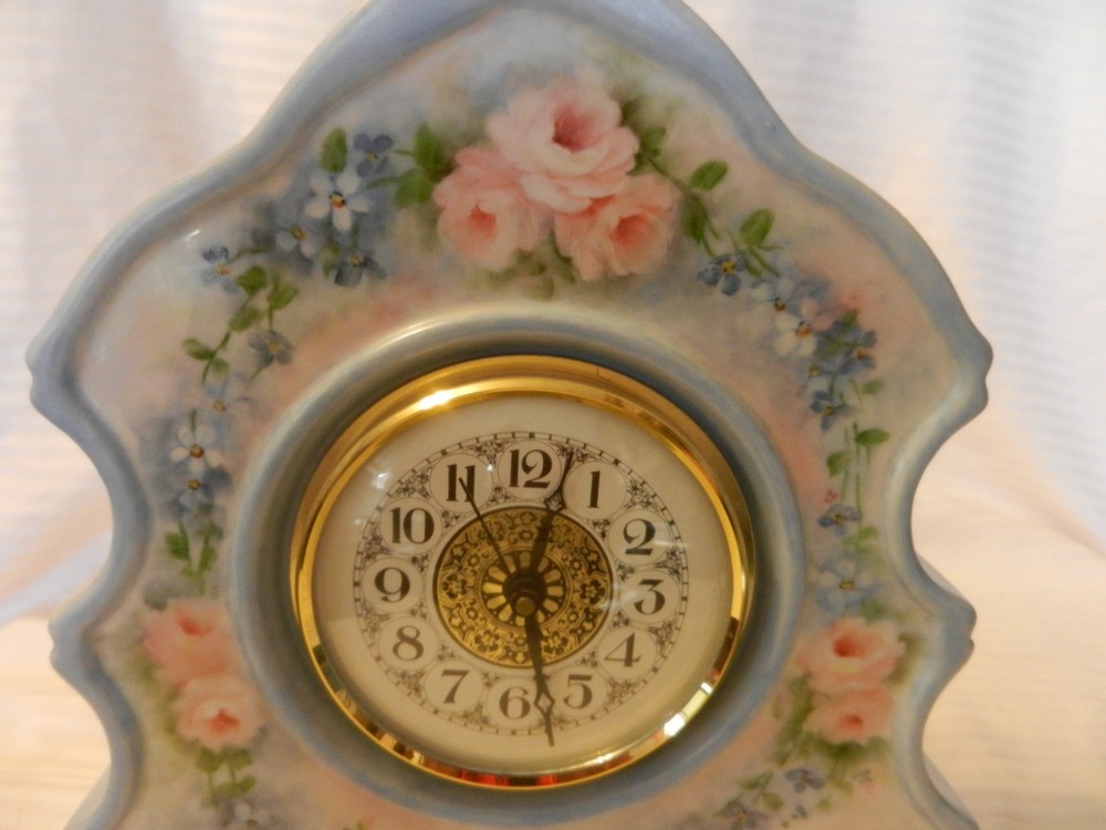 Hand Made Ceramic Quartz Clock Tree Shape, Blue with Flowers by Jeane Balcom