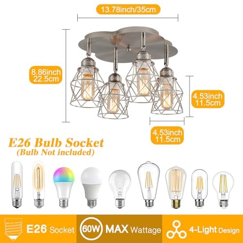 Kitchen Light Fixtures Ceiling Mount, Adjustable Semi Brushed Nickel 4-Light