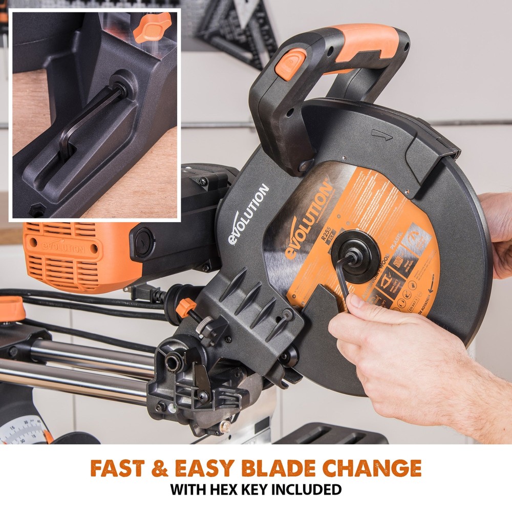 Evolution R255SMS-DB+: Dual Bevel Sliding Miter Saw With 10 in. Multi-Material C
