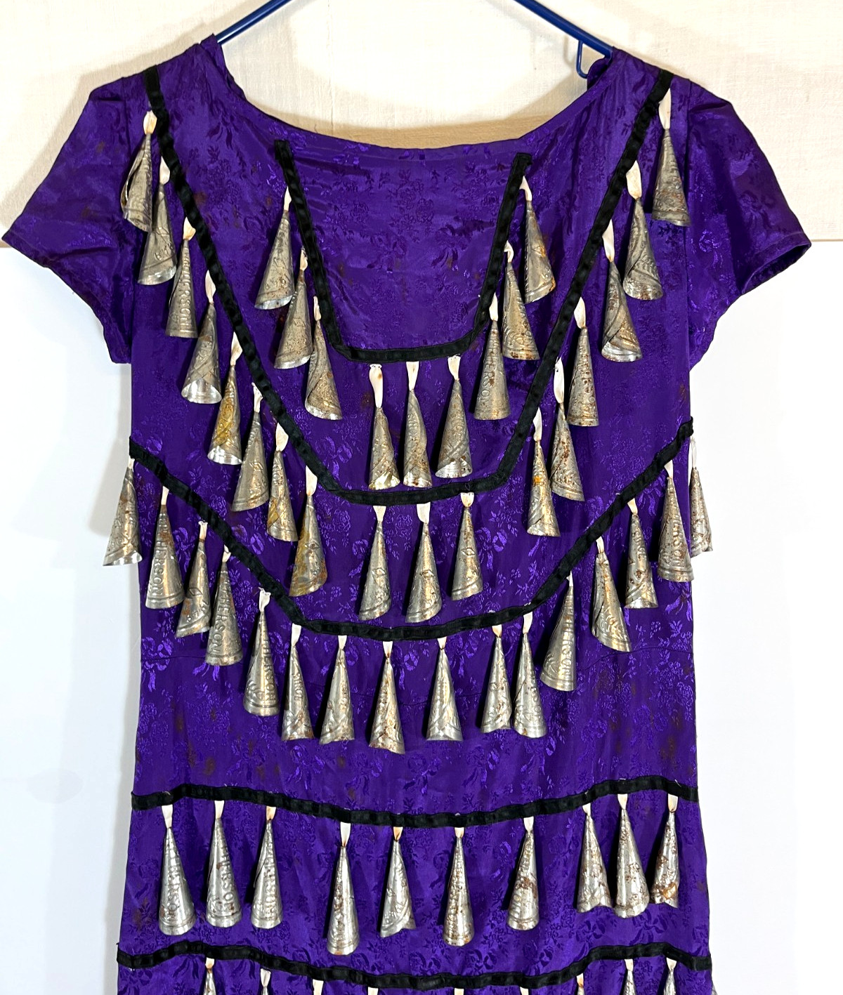 Rare Vintage Ojibwe Jingle Dance Dress Purple Brocade w/ ±175 Tin Cones 1950-60s