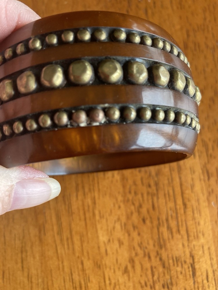 Vintage Brass Studded Rootbeer Bakelite Chunky Bangle Not Tested