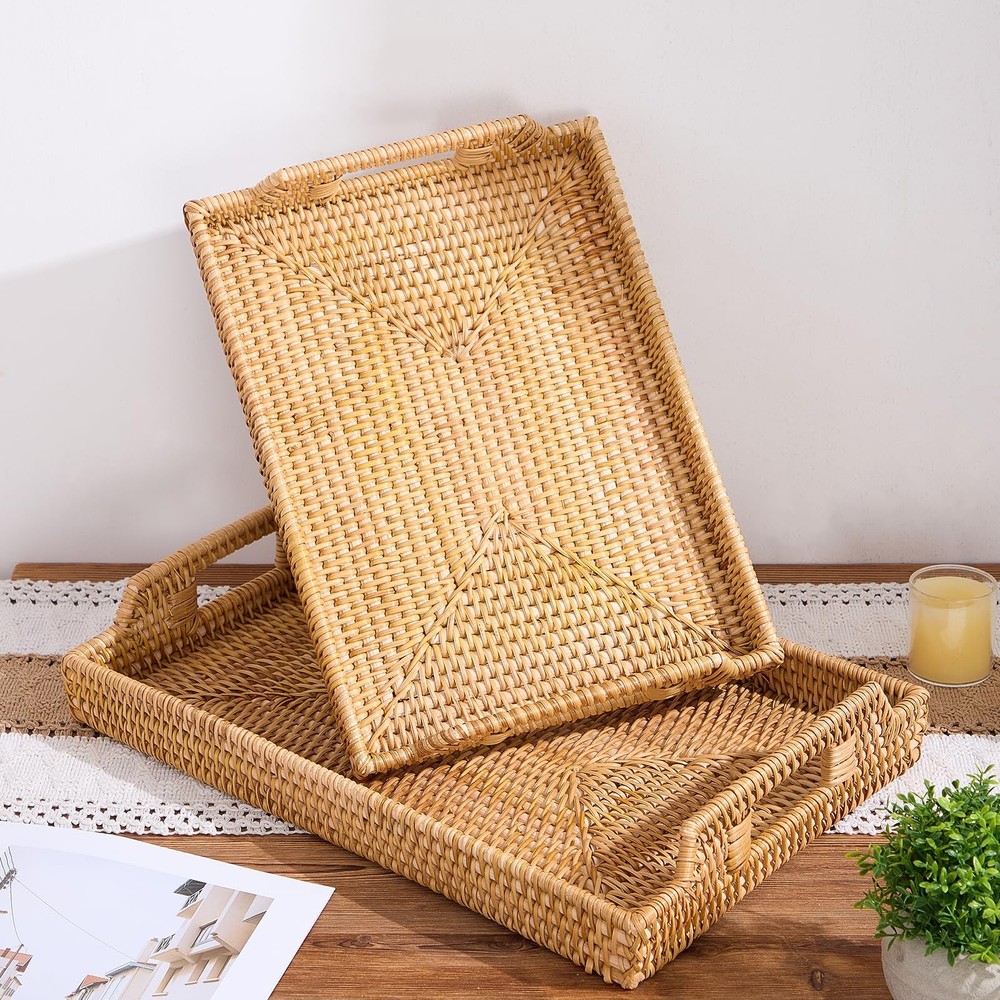 Rattan Rectangular Serving Tray with Handles, Hand-Woven Wicker Decorative Tr...