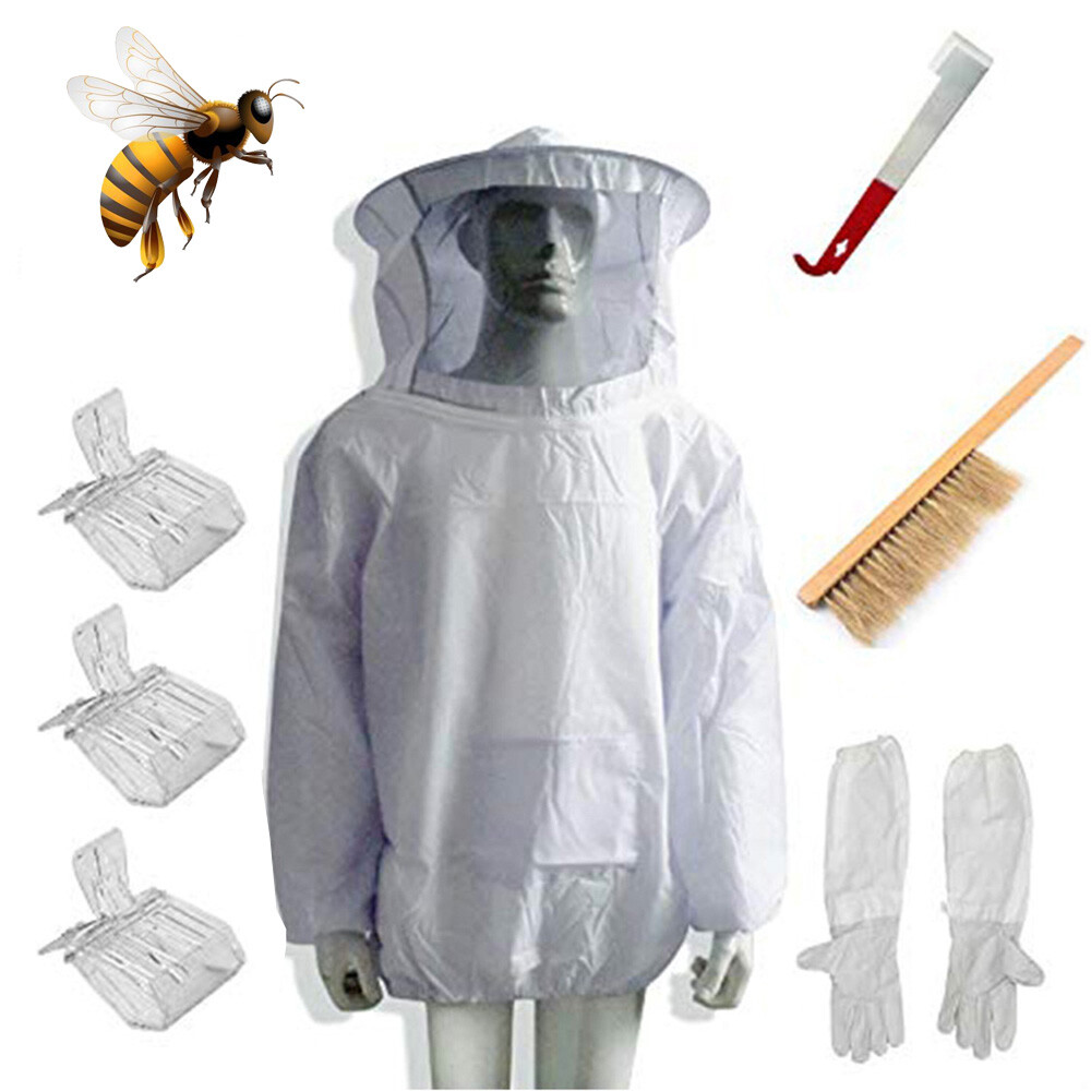 8PCS Beekeeping Beekeeper Suit Bee Jacket Gloves Bee Hive Brush J Hook Tool Set