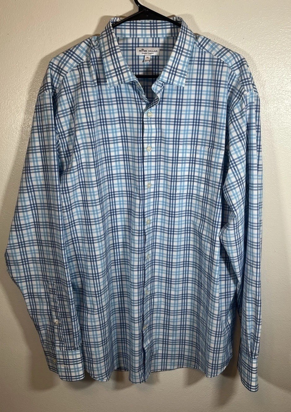 Peter Millar Men's Button Down Shirt XL White Blue Checkered