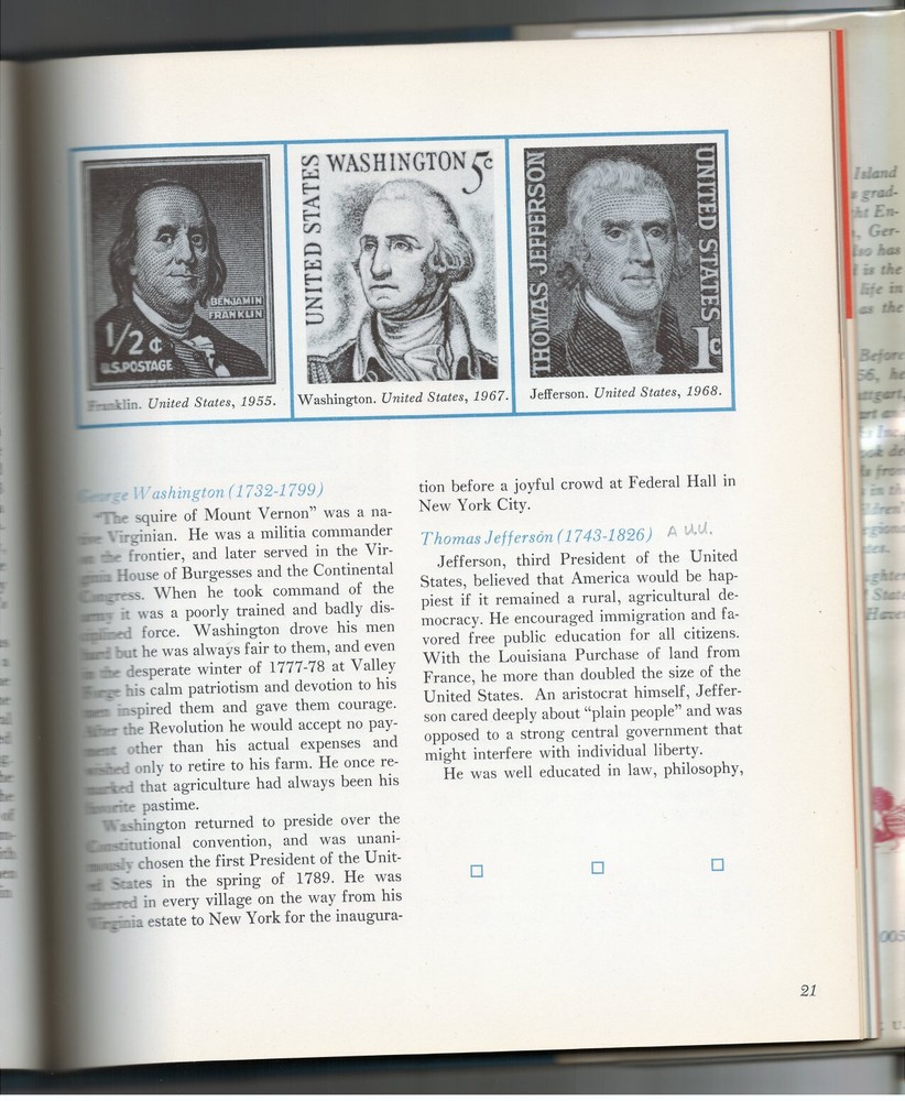 stamp book PORTRAITS OF GREATNESS Learning Through Stamps Elizabeth Gemming 1969