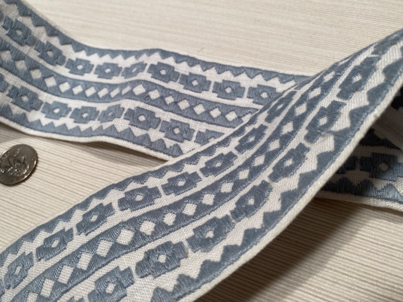 SCHUMACHER 79920 Talitha Tape Sky 85% Linen Embroidered Passementerie Trim BTY