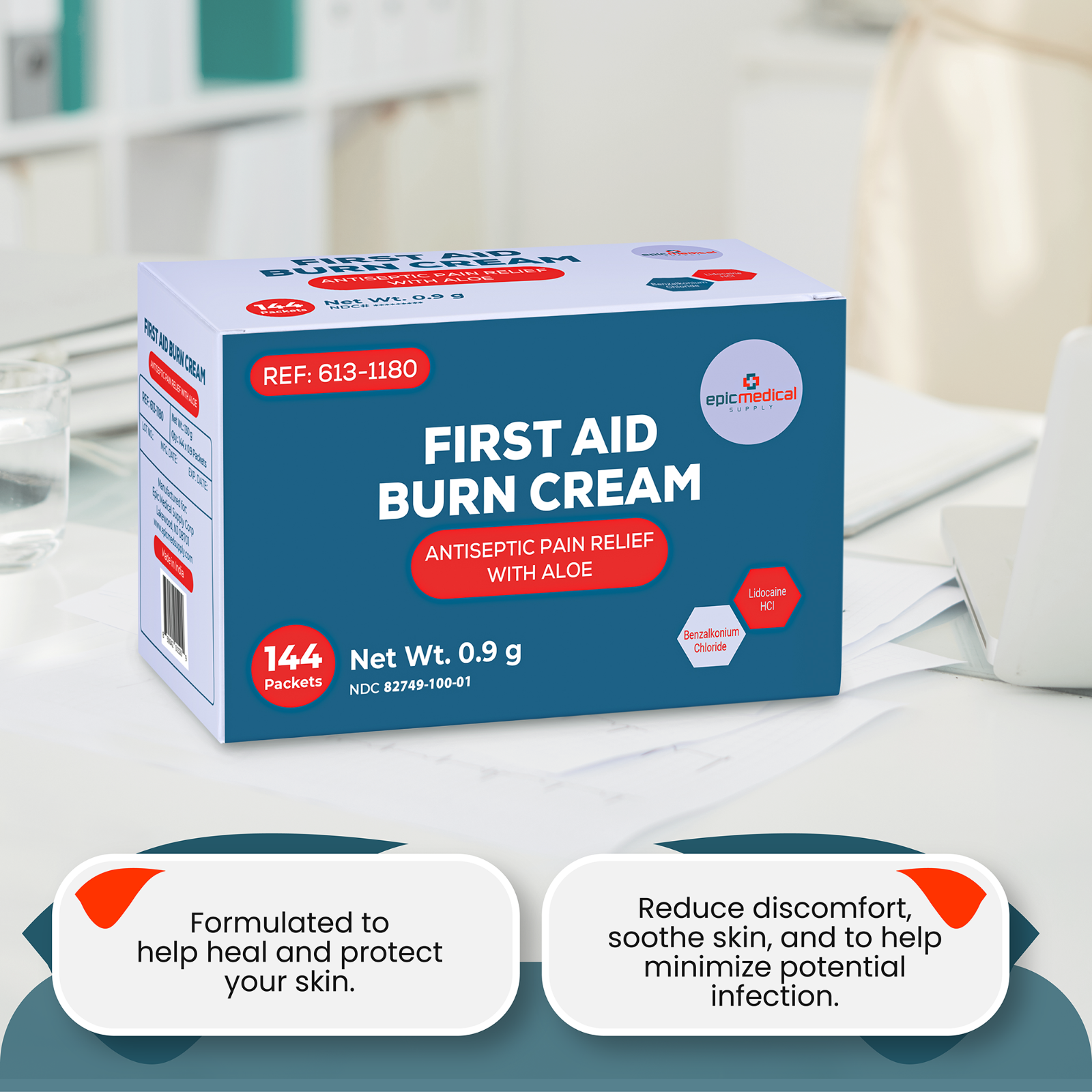 Epic Medical Supply First Aid Burn Relief Cream .9g Packets Box of 144