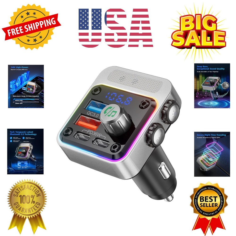 54W Bluetooth 5.3 Car Adapter with 4 Charging Ports [PD 36W & QC3.0 18W], Wir...