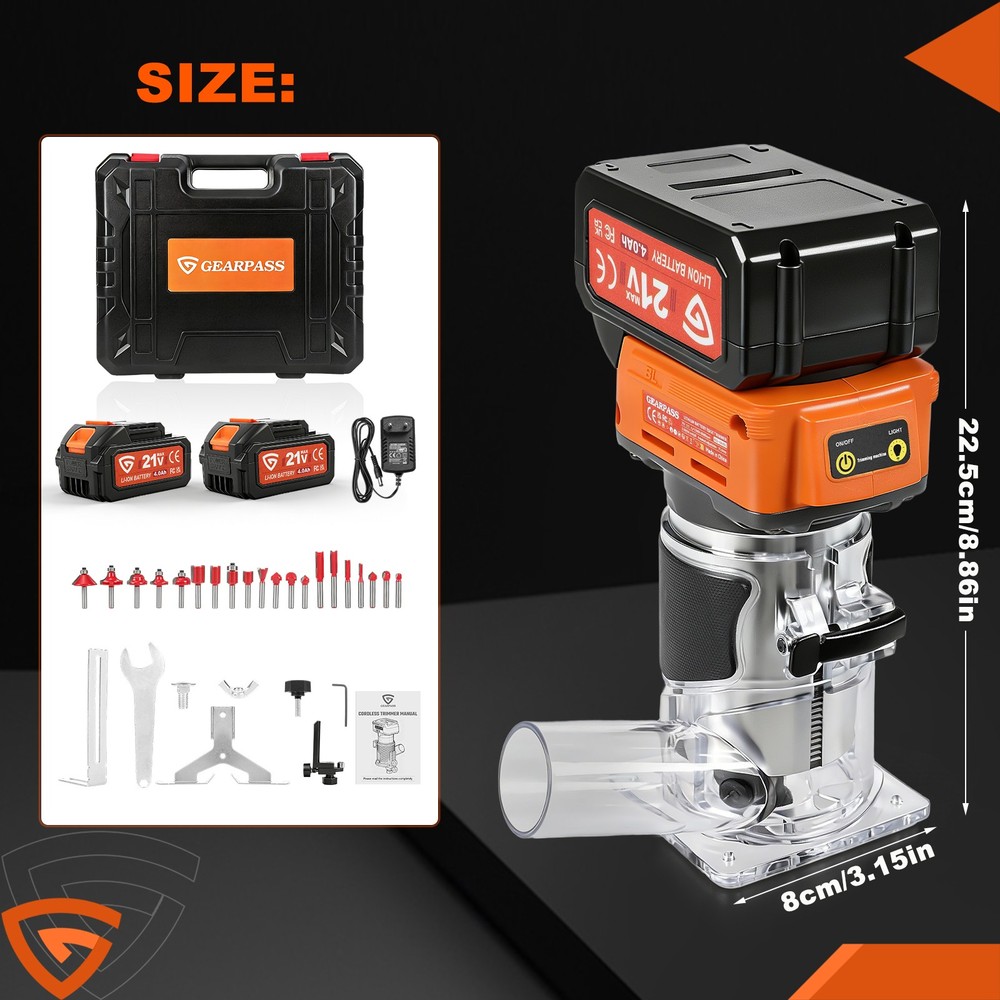 21V Cordless Multi-function Router With 20 Bits 2 Batteries Charger And Wrenches