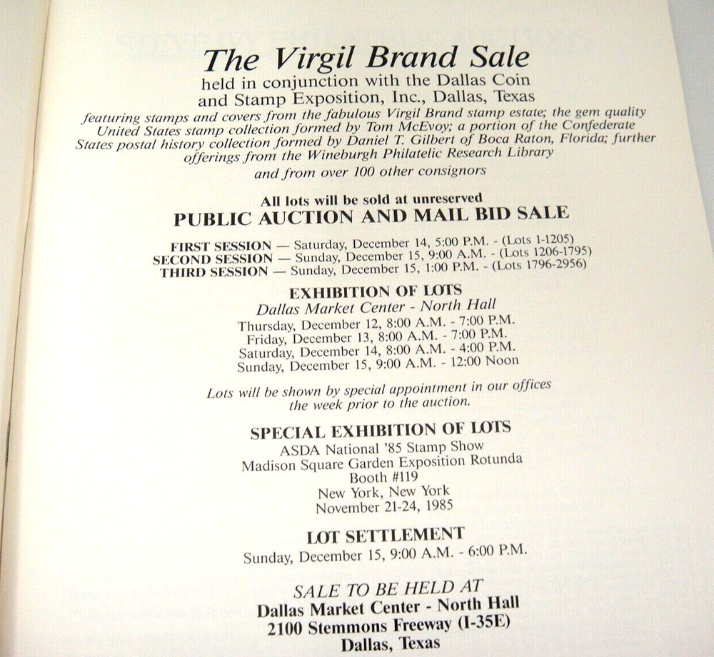 Ivy Stamp Auction Catalog 1985 Virgil Brand Estate Dallas Exposition Confederate