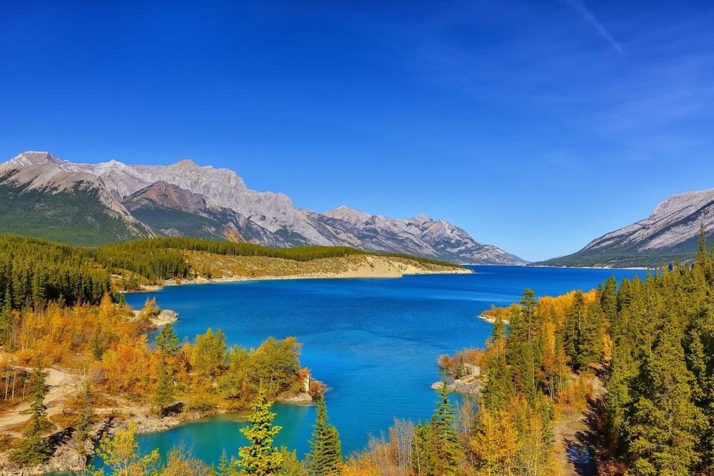 Landscape lake mountains alberta fall nature Custom Gaming Mat Desk