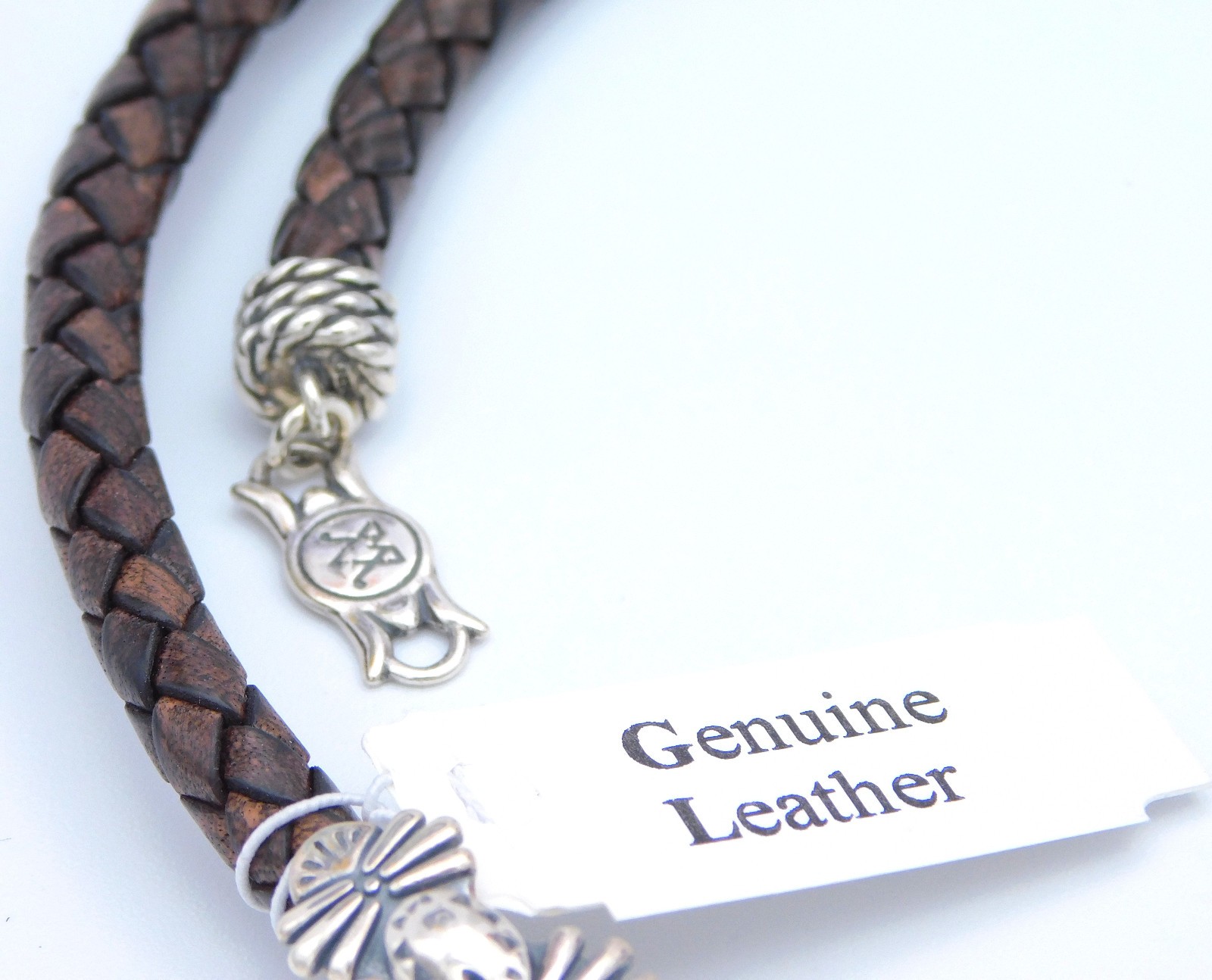 RARE! Carolyn Pollack American West Sterling Brown Leather Plaque Necklace 21"