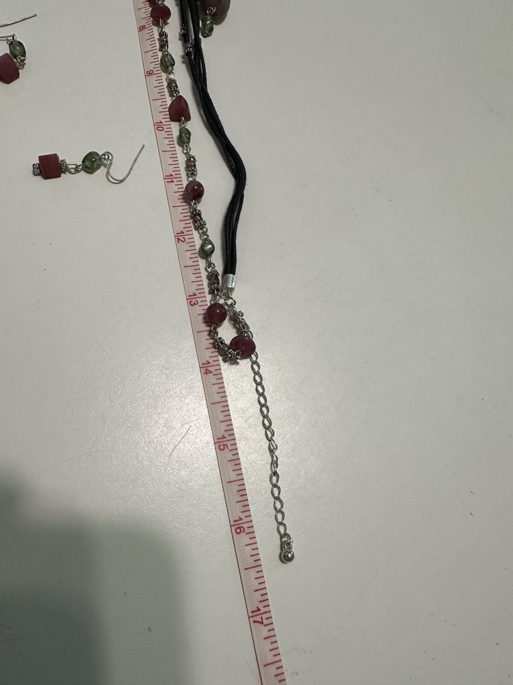 Beaded Silver Tone Corded Multi Strand Necklace Earring Set