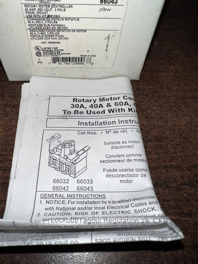 NEW BRYANT 66043 ROTARY MOTOR CONTROLLER 40 AMP NO HANDLE