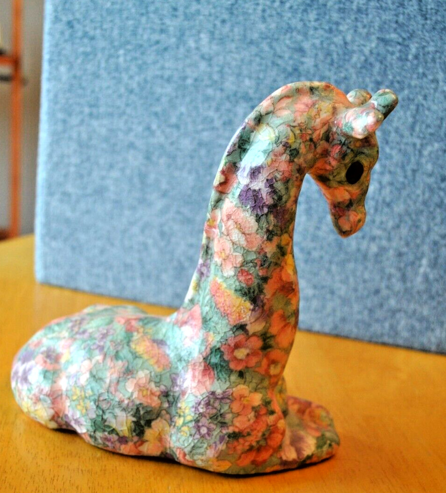 Vintage floral Patchwork decoupage pattern ceramic Art giraffe figurine