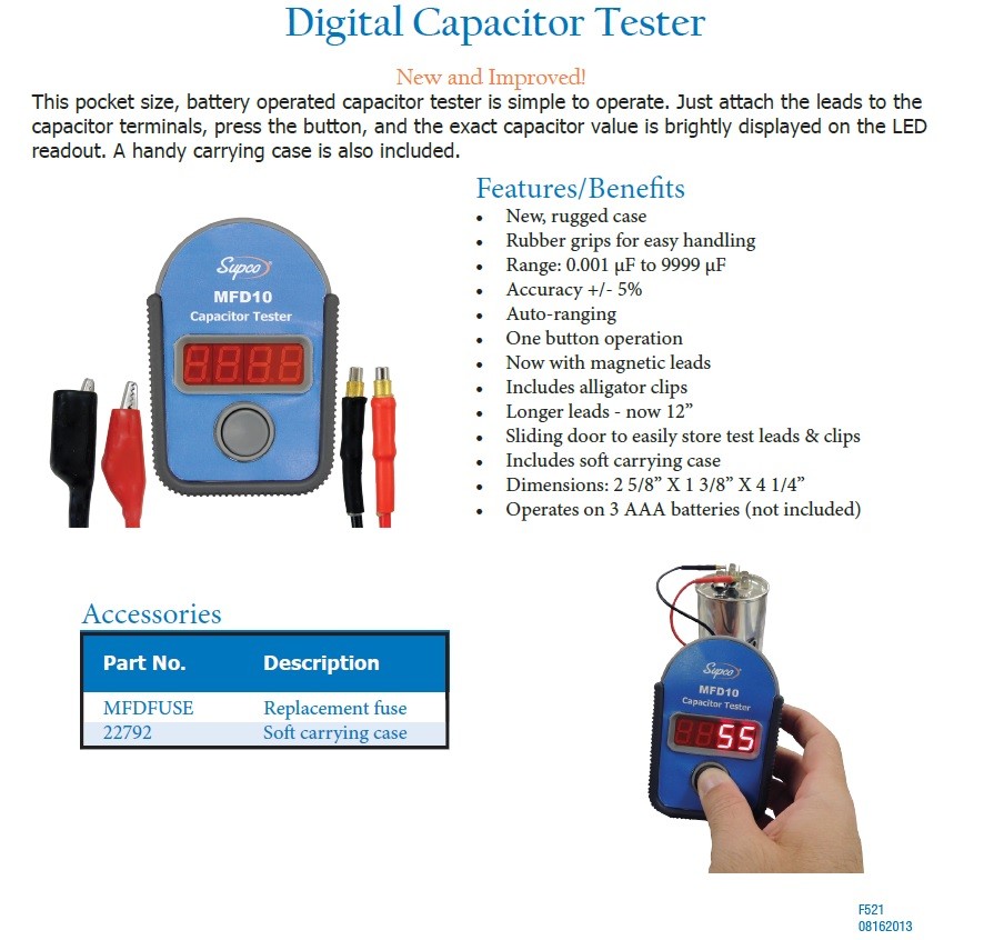 Supco Auto-Ranging Capacitor Tester with 12" Test Leads, MFD10