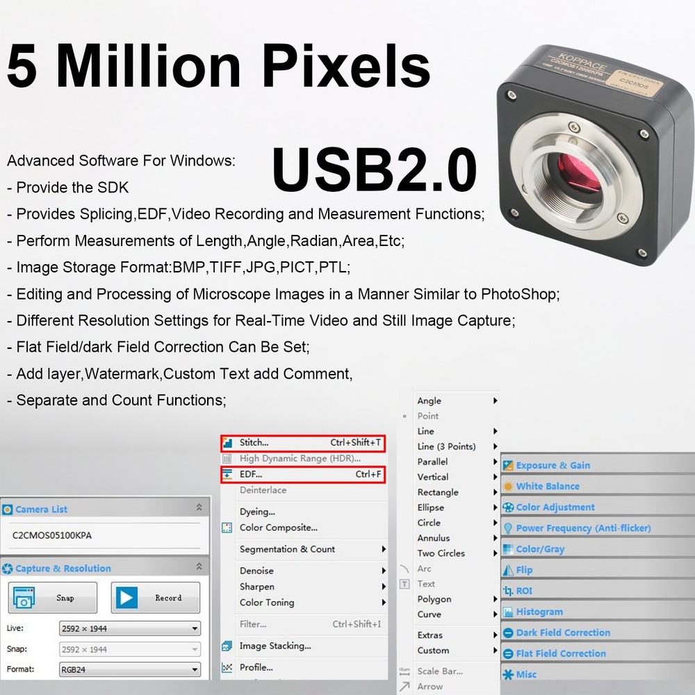 KOPPACE 40X-2500X Electron Biological Microscope 5 Million Pixels USB2.0 Camera