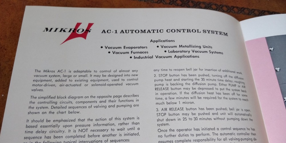 1962 ~ Mikros Inc. ~ Automatic Controller for Vacuum Systems Model AC-1