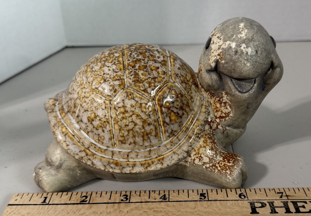 Ceramic Turtle Tortoise Figurine With Glazed Marbled Shell Clay Head Up