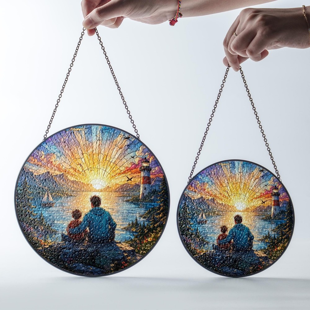 Father Son Lighthouse Suncatcher, Sunset Window Decor Gift